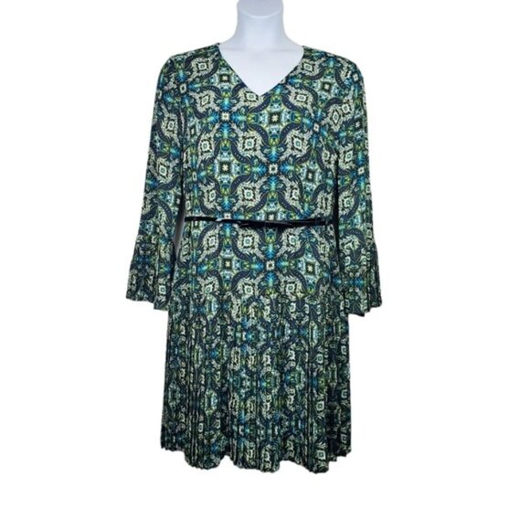 The Limited Womens Long Sleeve Green Tile Print Belted Pleated Dress Size 14 NWT - Picture 1 of 10